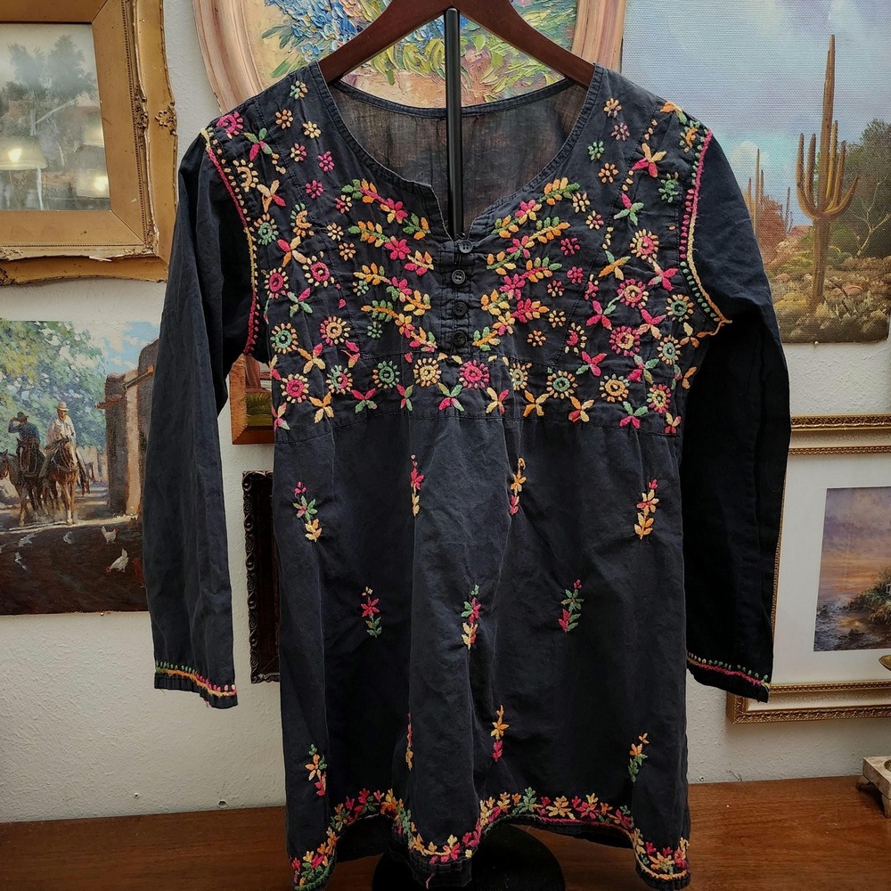 Hand Embroidered Flowers Boho Tunic Top,‎ Johnny Was Style, Black Pink Green